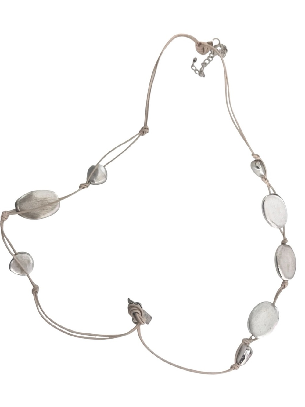 Beige Leather Cord Necklace with Silver Oval Accents